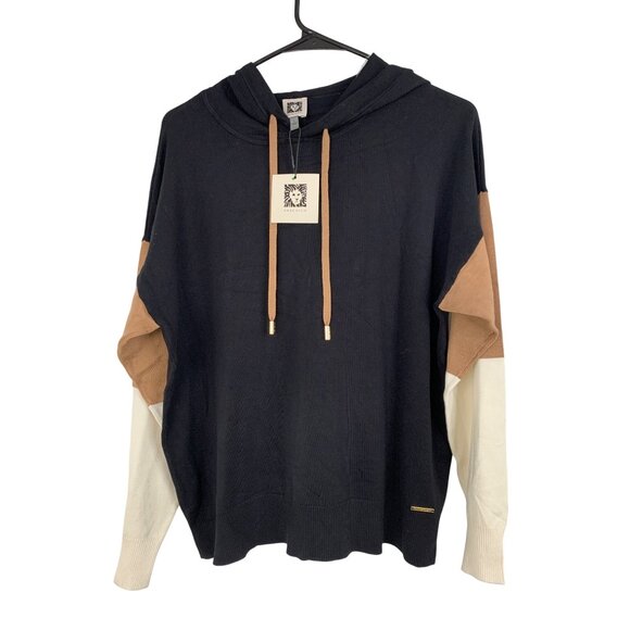 Anne Klein Womens Color Block Pullover Hoodie Sweater Black Combo L RW10327 - Picture 2 of 10